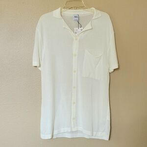 Zara Mens Ecru Textured Shirt Minimalist Casual Travel - Size Medium